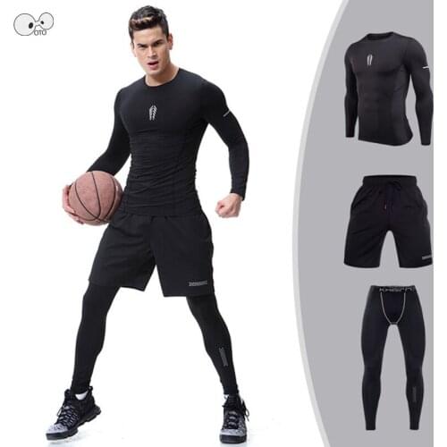 Long Sleeve Shirt+Shorts+Pant 3Pcs Jogging Suit Men Quick Dry Fit Running Set Soccer Fitness GYM Tight Tracksuit Sport Clothing