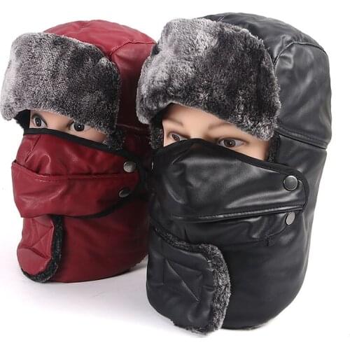 Russian Winter Leather Faux Fur Hat 2020 Autumn Warm Thicken Women Men Bomber Hat Ski Mask Snow Cap Outdoor Earflaps Protection