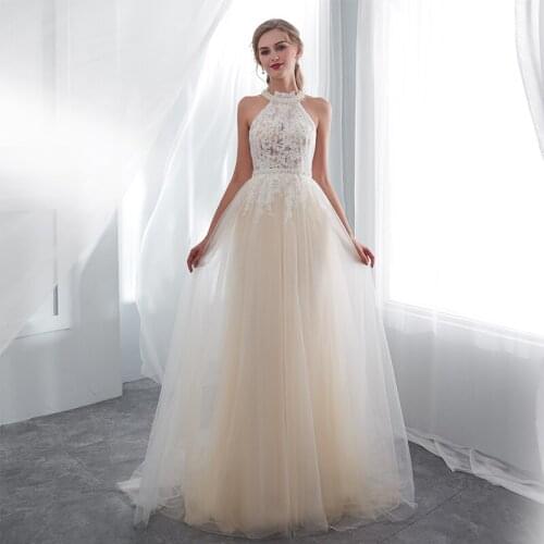 Light Champagne Prom Dresses Halter Pearls Appliques Full Length Illusion Formal Party Gowns Dresses Real Photo Prom Gowns 2019