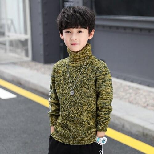 Boy High Collar Knitted Sweater Teenager Kids Casual Pullovers Fall Winter Children Thicked Thermal Cotton Knitwear Clothes B339