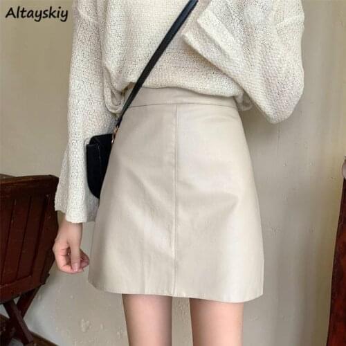 Skirts Women PU A-line High Waist Slim All-match Solid Korean Style Fashion Vintage Elegant Womens Streetwear Simple Casual Soft