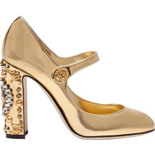 Gold Mirror Leather Round Toe Mary Janes Designer Fashion Embellished Block Heel Plus Size Dress Shoes Silver Bridal Pumps