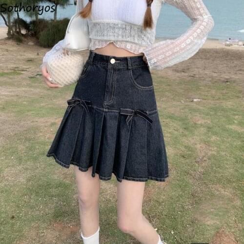 Denim Bow Skirts Women Pleated Summer High Waist Harajuku American Vintage Bright Line Chic Designer Zipper-fly A-line Stylish