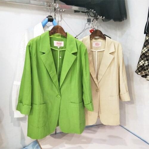 Female Casual Retro Thin Blazer Feminino Ladies Blazer Suit Jacket New Spring Three Quarter Linen Suit Blazer Women Blaser Mujer