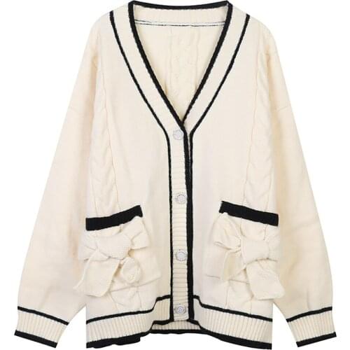 Autumn And Winter 2021 New Womens Oversized V-Neck Long Sleeve Medium Long Contrast Stripe Bow Knit Thick Warm cardigan