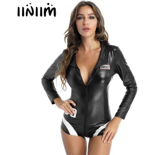Womens Lingerie Bodysuit Deep V Neck Zipper Faux Leather Clubwear See-through Mesh Back Long Sleeve Leotard Catsuit Jumpsuit