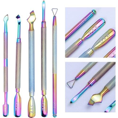 1pcs Electroplate colorful chameleon Cuticle Pusher Double Sided Stainless Steel Stick Rod Dead Skin Nail Care Nail Art Tools
