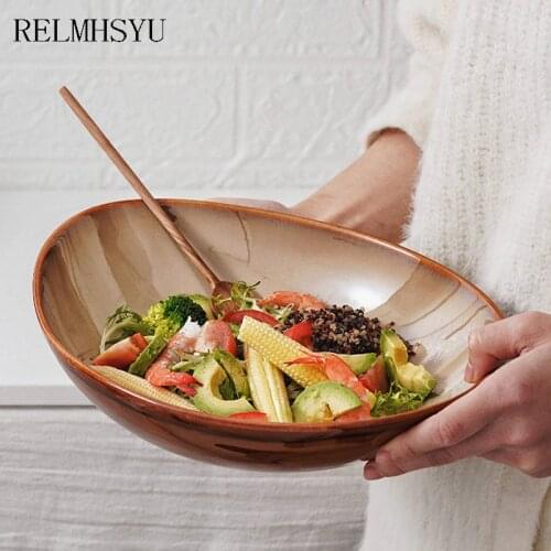 1PC RELMHSYU Japanese Style 11Inch Ceramic Large Irregular Kiln Glazed Retro Restaurant Pasta Soup Ramen Salad Dinner Bowl