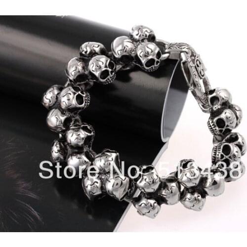 127g Cool Skull Skeleton Design Stainless Steel Mens Biker chain bracelet 24mm*22cm size