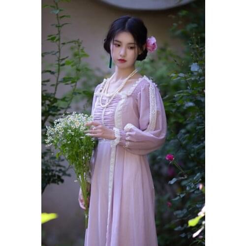 Free Shipping 2021 New Princess Womens Nightgown Long Sleepwear Purple Vintage Pijamas Cotton Silk Lace Nightdress