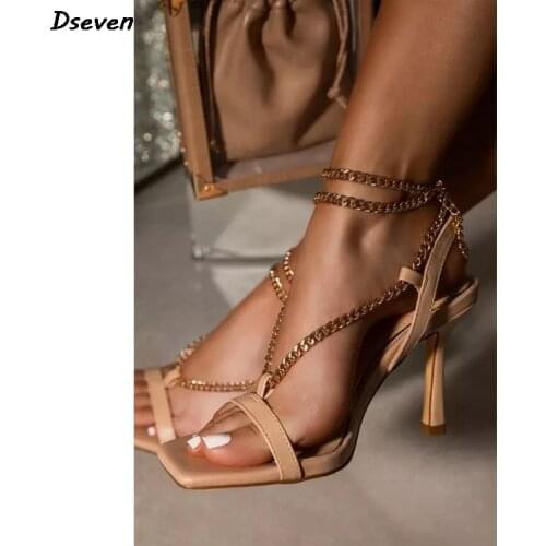 Summer New Super High Heel Womens Shoes Square Toe Golden Chain Sexy Roman Woman Sandals Fashion Ladies Sandals Shoes Plus Size