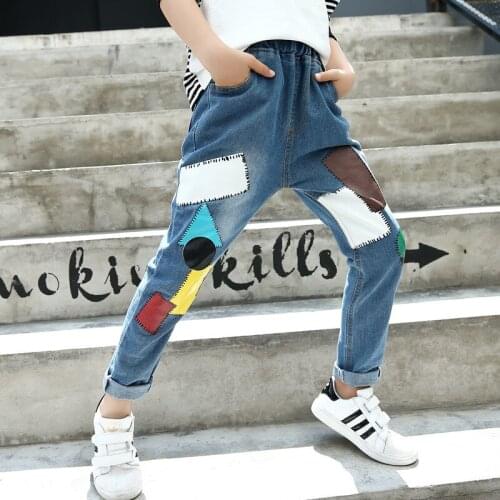 Childrens Clothing 2018 Autumn New Childrens Boys and Jeans Girls Casual Patch Loose Jeans Long Pants 4-12 Ages