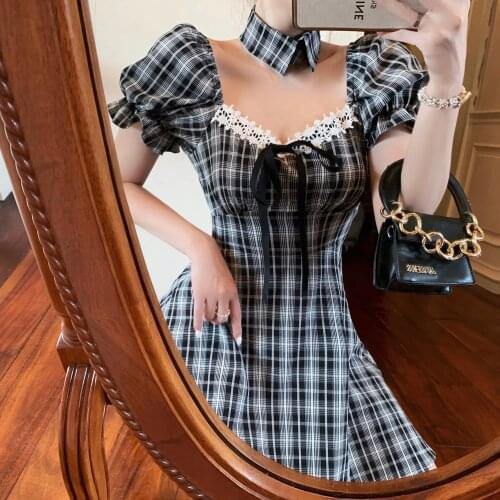 Plaid Vintage Kawaii Dress Women Korean Slim Puff Sleeve Mini Party Dress Femme Summer Sweet Square Collar Gothic Dress 2021 New
