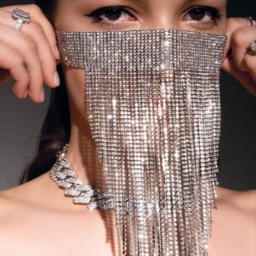 Stonefans Statement Shiny Rhinestone Tassel Mask for Face Women Sexy Long Tassel Chain Creative Face Mask Nightclub Decoration