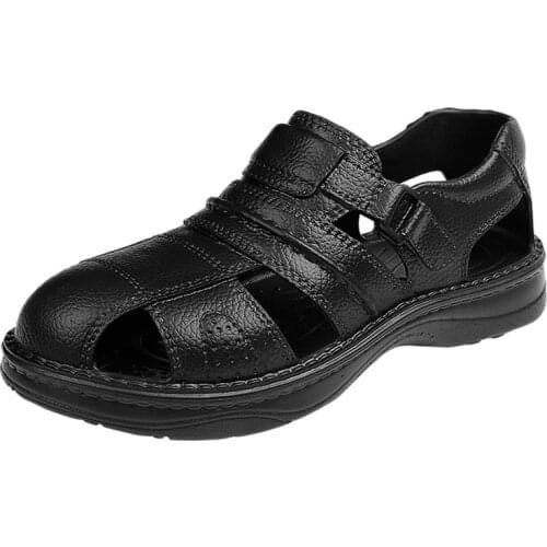2021Summer Sandals Men Outdoor Non-slip Beach Black Flat Casual Toe Cap Leather Sandals Casual Shoes