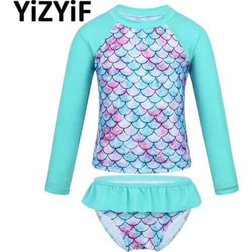 Toddler Girls Swimsuit Tankini Long Sleeves Fish Scales Printed Rashguard Swimwear Bathing Suit For Girls Set Summer Beach wear