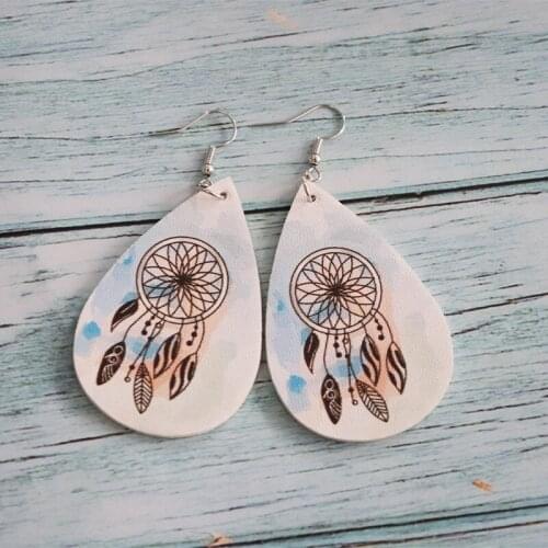 New Ins Summer Floral Flower Printed Dangle Earrings for Women Boho White Leather Water Drop Earring Party Jewelry Gift