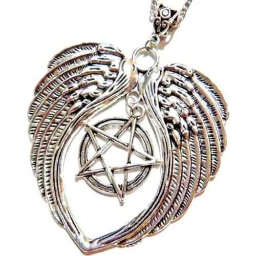 Oversized Witchcraft Angel Wing Necklace Supernatural Pentagram Pagan Fallen Heart Gothic Statement Necklaces Pendant Jewelry