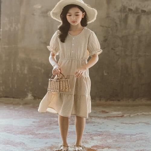 Khaki Black Summer 2021 Teen Girls Princess Dress Kids Cotton Midi Long Short Sleeve Children Clothes Holiday Dresses Casual