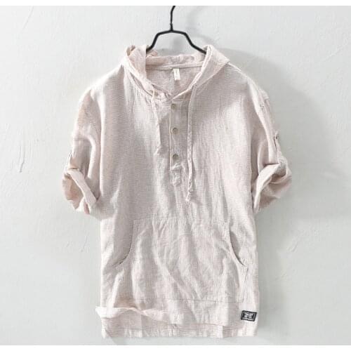 Pullover Striped Cotton Linen Hooded Shirts For Men Short Sleeve Casual Flax Hoodies Shirt Men Fashion Streetwear Camisas TS-651