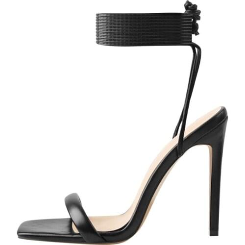 Richealnana Summer Square Open Toe Sandals Concise Black High Thin Heels Ankle-wrap Slip On Stilletos Dress Party Leisure Shoes