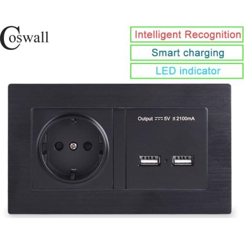 COSWALL Aluminum Metal Panel Wall Socket EU Standard Power Outlet With Dual USB Smart Induction Charge Port For Mobile 5V 2.1A