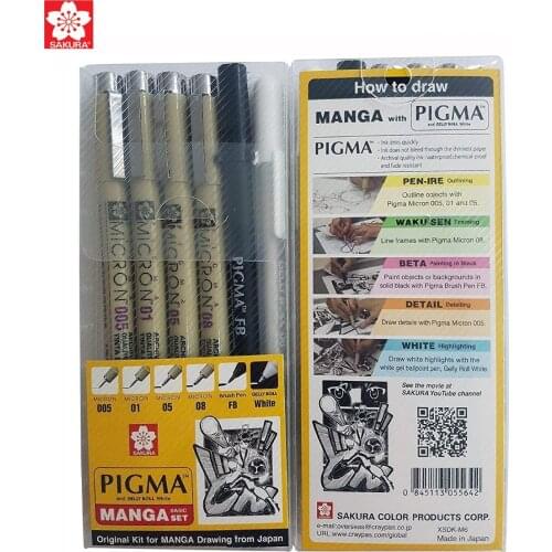 Sakura 6pcs Pigma Micron Pen,Archival Pigment Ink Technical Drawing Pen Manga for Artist 005,01,05,08,FB Brush,Gelly roll White
