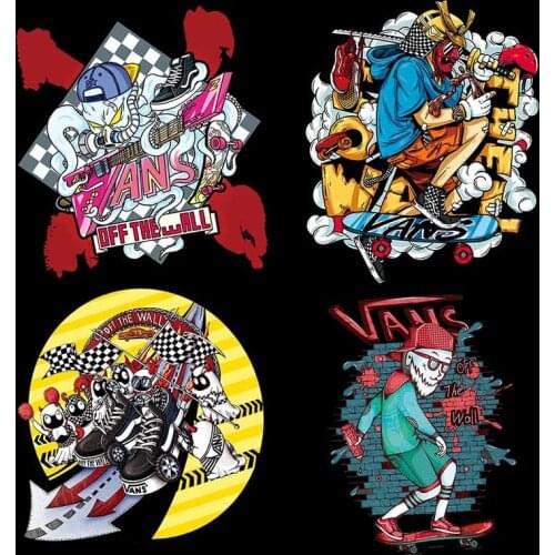 Punk skull skateboard competition Hip hop street art heat transfer printed on clothes Cool personality DIY T-shirt sticker