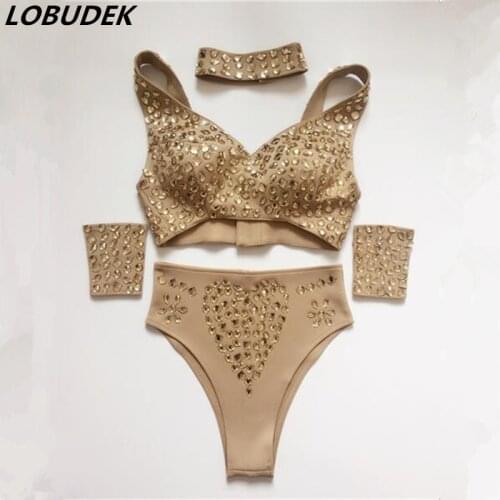 Bra+shorts) suit Shining Crystals costumes Nightclub Bar Female dancer DJ DS Performance stage wear Team party show clothes