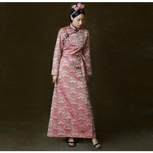 Tibetan Robe Vintage Brocade Chinese Stand Collar Tibetan Travel Clothes Female Spring and Autumn Ethnic Style Tibeta Costume