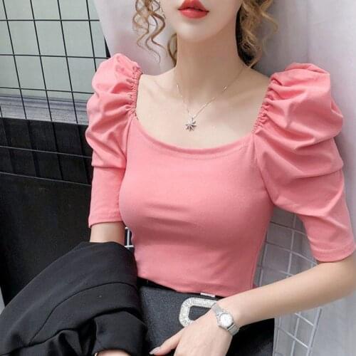 Vintage Half Puff Sleeve Tops Women Summer Blouse Square Neck Korean Style Top Camisa Low Cutout Sexy White Slim Stretchy Blouse