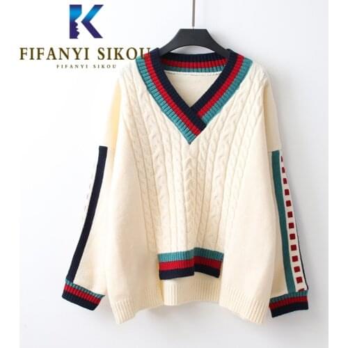 V-Neck Knitted Sweater Women Asymmetry Fashion Striped Long Sleeve Pullovers Female Loose Tops Autumn Winter Warm Sweaters