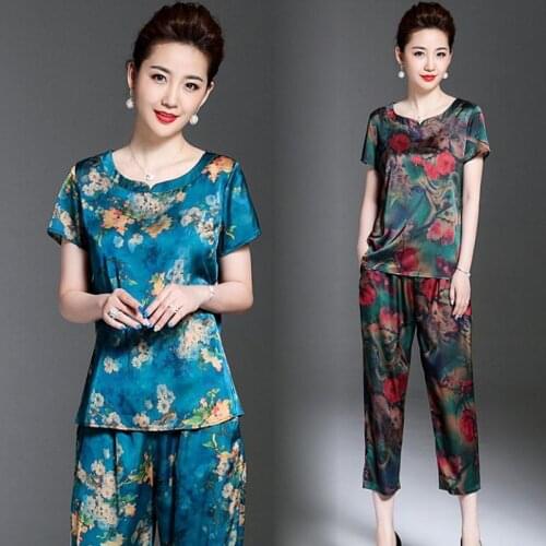 2021 Women Spring Summer Vintage 2 Piece Set Lady Middle Aged Print T-shirt + Wide Leg Pant Suit Female Casual Oversize Set D559