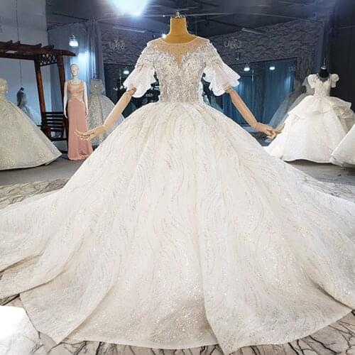 Half Sleeve Wedding Gown 2021 Sequins Shiny Elegant Wedding Gown Bridal Long Train Puffy Buttom Lace Up Back White/Ivory