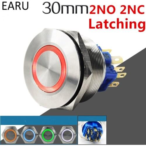 30mm 2NO 2NC Metal Stainless Steel Waterproof Latching Doorebll Bell Horn LED Push Button Switch Car Auto Engine Start PC Power
