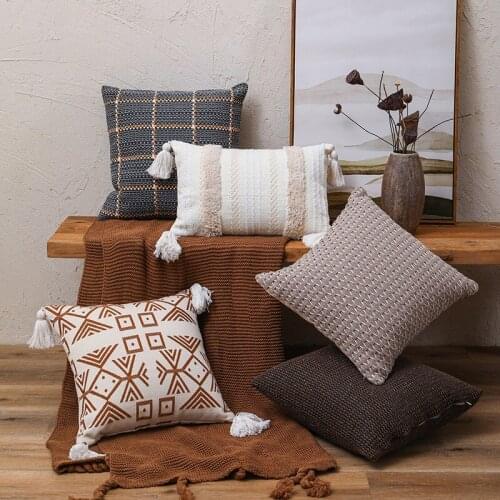 Bohemian 3D thicked geometric jacquard cushion cover INS flocked sofa decorative pillow cover knitted plaid tassel pillowcase