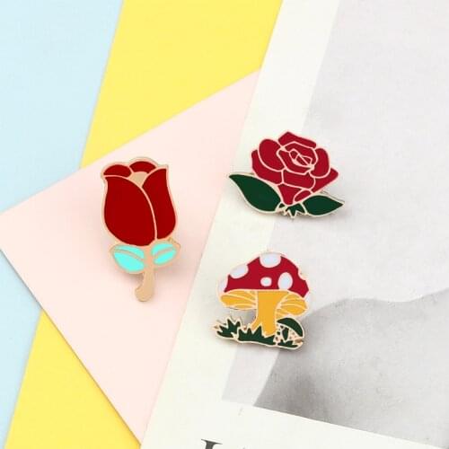 Plant Flowers Brooch Rose Mushroom Red Flower Badge Enamel Pins Denim Jeans Shirt Bag Lapel Pin Women Cartoon Jewelry Girl Gifts