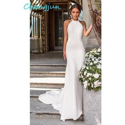 Chengjun Halter Cheap Mermaid Simple Satin Wedding Dress For Bride