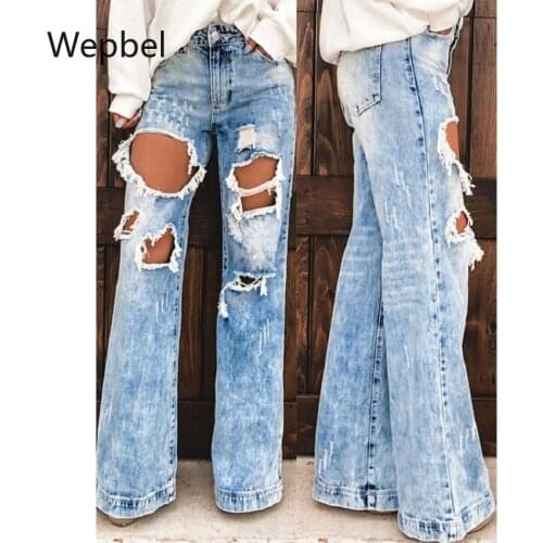 WEPBEL Womens Jeans with Holes Ripped High Wasit Jeans Trousers Plus Size Summer Fashion Female Denim Wide Leg Pants