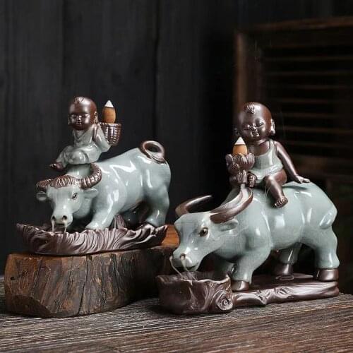 Creative Child Cattle Year Inverted Incense Burner Brother Kiln Open Piece Glaze Ornaments Herding Cattle Lotus Ceramic Tea Pet