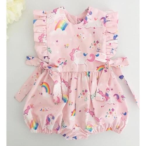 2020 Sweet 0-24M Newborn Infant Baby Girl Cartoon Unicorn Print Playsuit Summer Pink Sleeveless Bow Jumpsuit One Piece