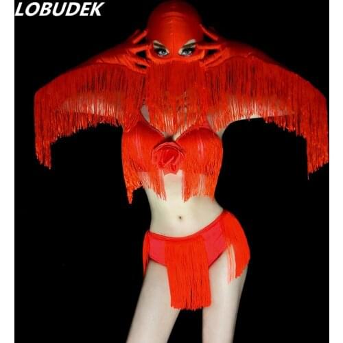Red Tassels Bikini Mask Bra 5 Pieces Set Halloween Nightclub Bar Women Pole Dancing Costume Valentines Day DJ Party Stage Wear