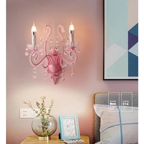 Korean Princess Room Wall Lamp European Pink Bedroom Bedside Girl Child Room Crystal Lamps