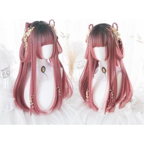 Lolita Girl Long Black Mixed Pink Ombre Lady Party Cosplay wavy and straight Wig D041
