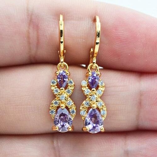 Fashion Jewelry Gold Color Purple CZ Zircon Teardrop Dangle Earrings for Women
