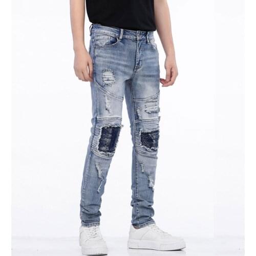 Mcikkny Men Ripped Biker Jeans Pleated Patches Vintage Motorcycle Denim Trousers For Male Slim Fit