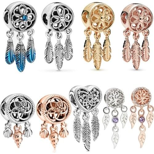New Dreamcatcher Pendant DIY Fit Original Pandora Charms Bracelet for Women Heart Leaf Feather Tassel Dream Catcher Beads Dangle