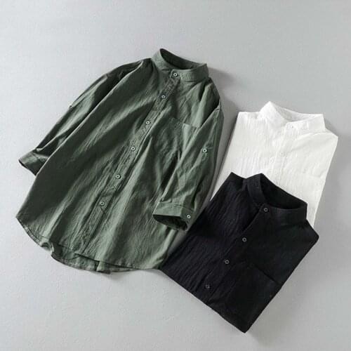 Summer New Korean Fashion Mens Cotton White Shirts Stand Collar Three Quarter Soft Cool Linen Touch Male Blouse 4XL 5XL