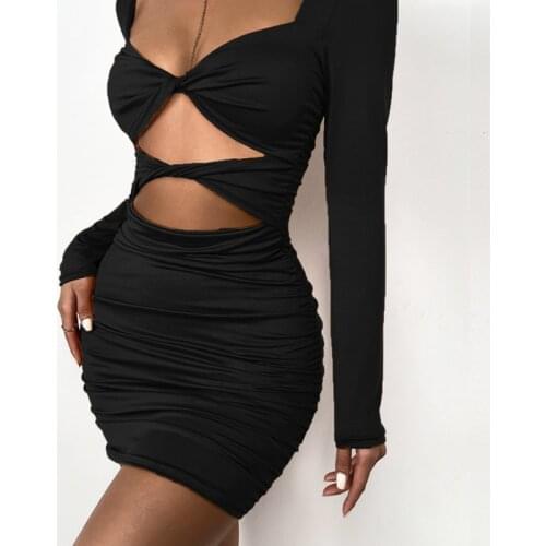 Za Long Sleeve Bodycon Mini Dress Hollow Out V-neck Ruched Fashion Sexy Dresses Casual Solid Party 2021 Summer Streetwear Dress