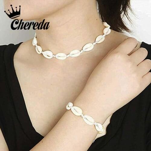 Chereda Charm Shell Black Brown Rope Chain Necklace for Women Vintage Handmade Choker Clavicle Beach Summer Girl Jewelry Gift